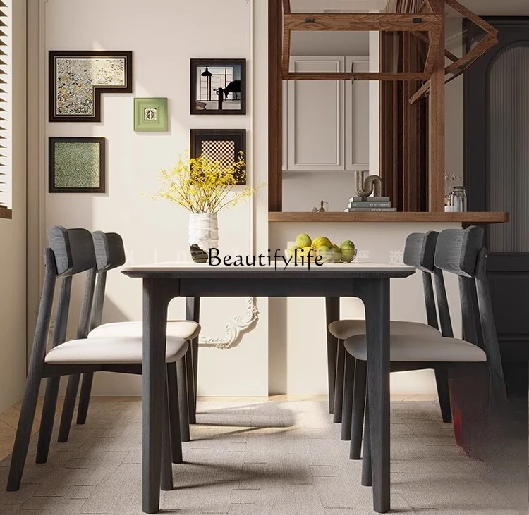 Travertine rock slab dining table ash wood medium antique rectangular black solid wood