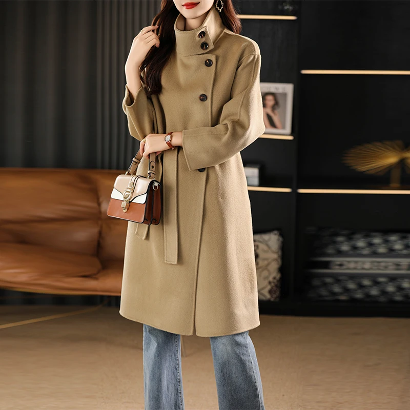 2024 Autumn and Winter New Solid Color Long Double-Faced 100% Woolen Goods Women's Coat Single Breasted Stand Collar Trendy Coat