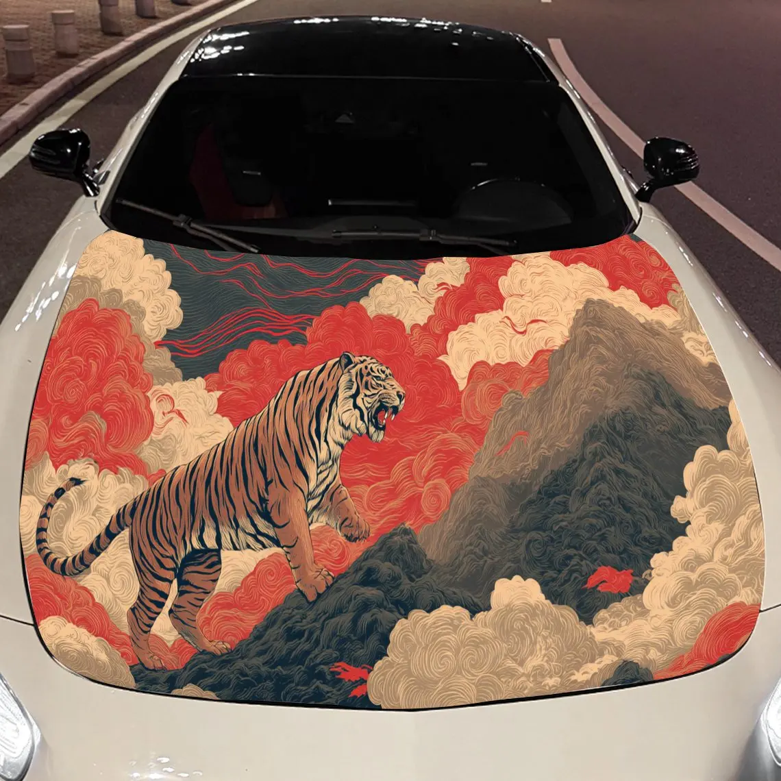Retro Tiger King print,car hood stickers,PVC waterproof Self adhesive car hood sticker,car hood decoration protection stickers,A
