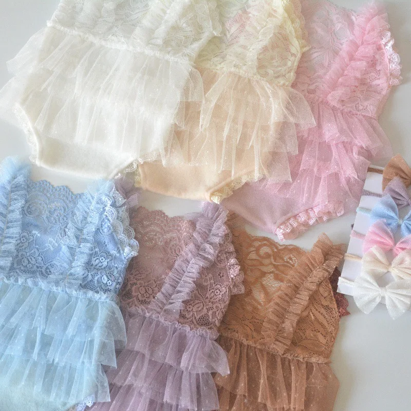 Newborn Baby Girl Lace Romper Dress Photography Ruffles Tutu Princess One-piece Dress Jumpsuit Bowknot Headband Photoshoot Props
