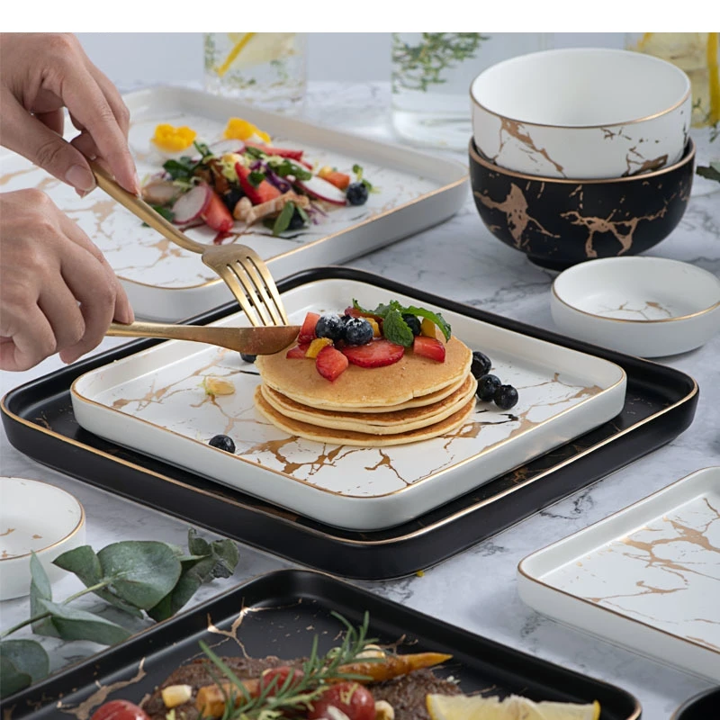 Square Tableware Marble Plates Ceramic Dinner Set Gold Inlay Porcelain Dessert Plate Steak Salad Snack Cake Wholesale