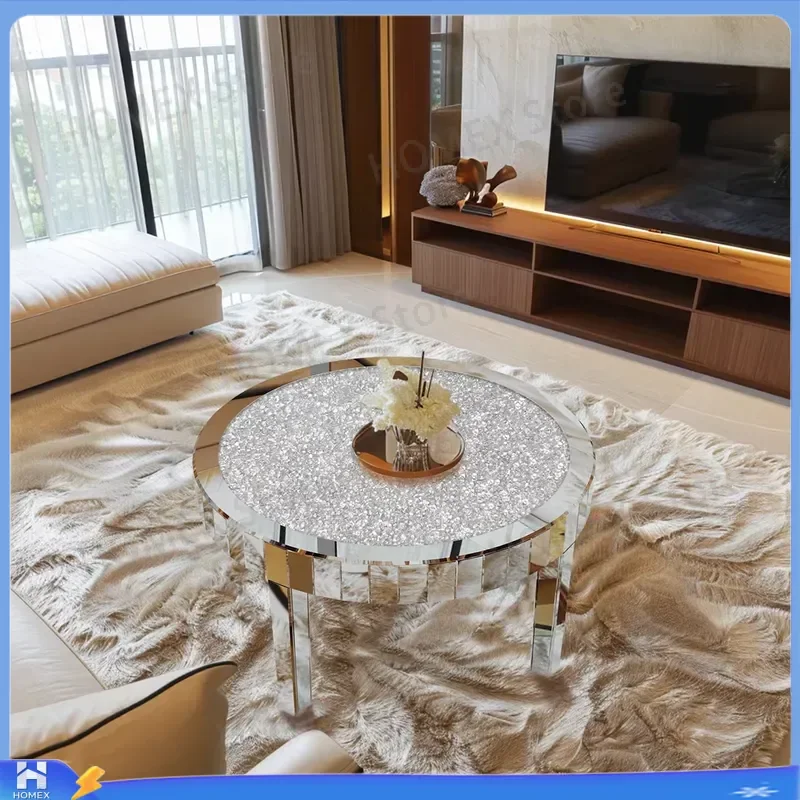 Luxury Silver Round Mirrored Coffee Table Elegant Glass Top Accent Side Table Modern Living Room Bedroom Furniture Home Decor