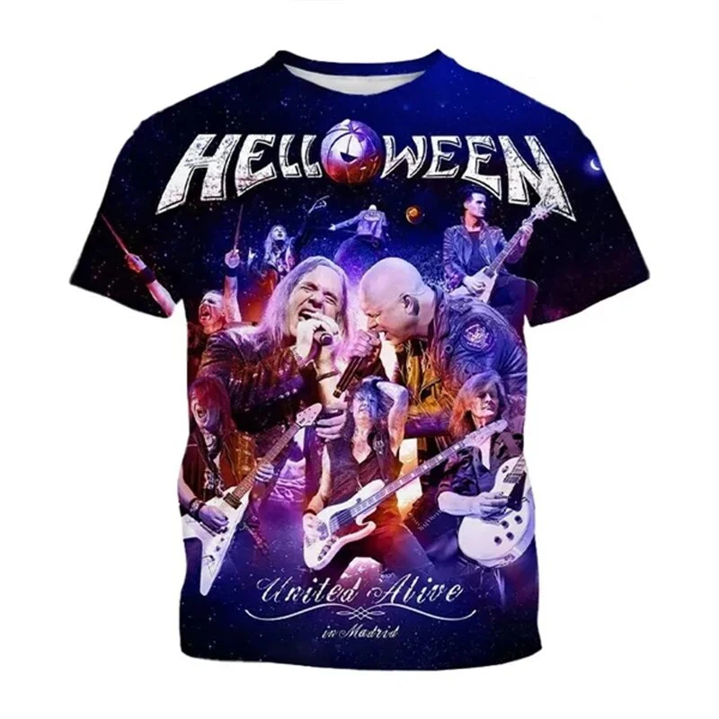 Helloween-camisetas con estampado 3D de banda de Rock para hombres y mujeres, ropa de calle de manga corta de gran tamaño, Camiseta de cuello