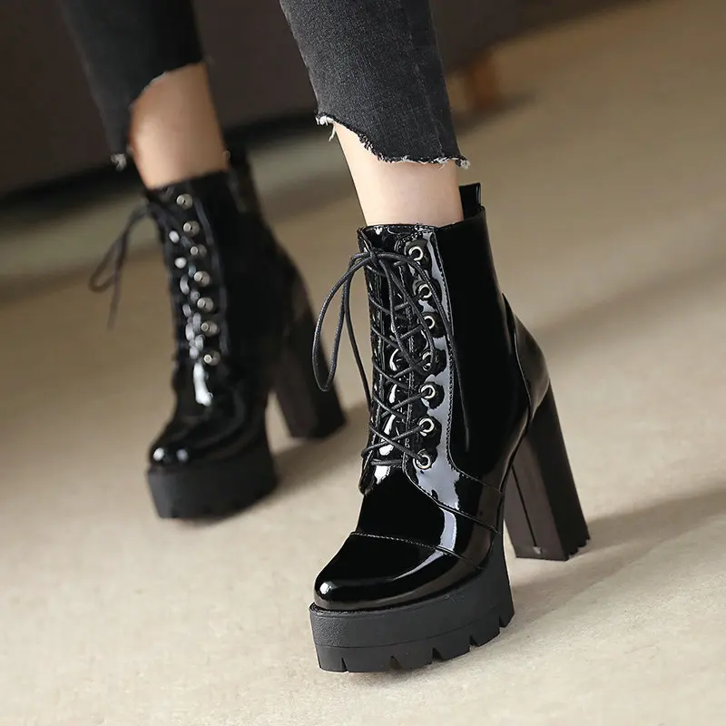 Ultra-high heel boots women round head thick with waterproof platform lace-up boots patent leather high-heeled boots boot - Image 5