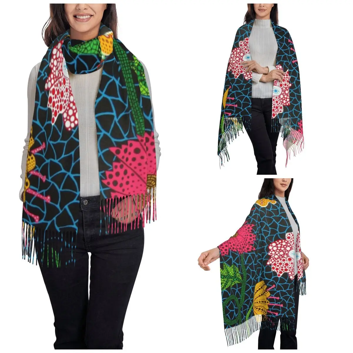 Womens Scarf with Tassel Yayoi Kusama Flowers Single-sided Pattern Winter Fall Shawl Wrap Japanese Art Gifts Pashmina Scarves