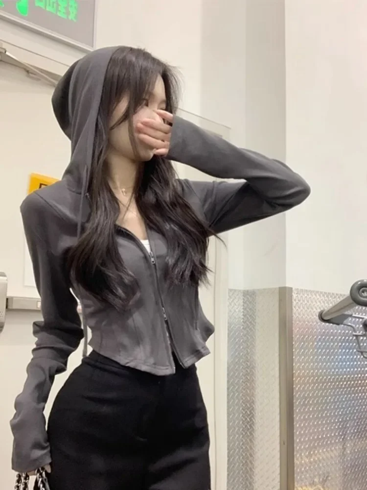 

2025 Summer New Slim Fit Cardigan Coat Women Fashion Long Sleeve Zipper White Jackets Y2k Grunge Hoodie Sweatshirts Mujer