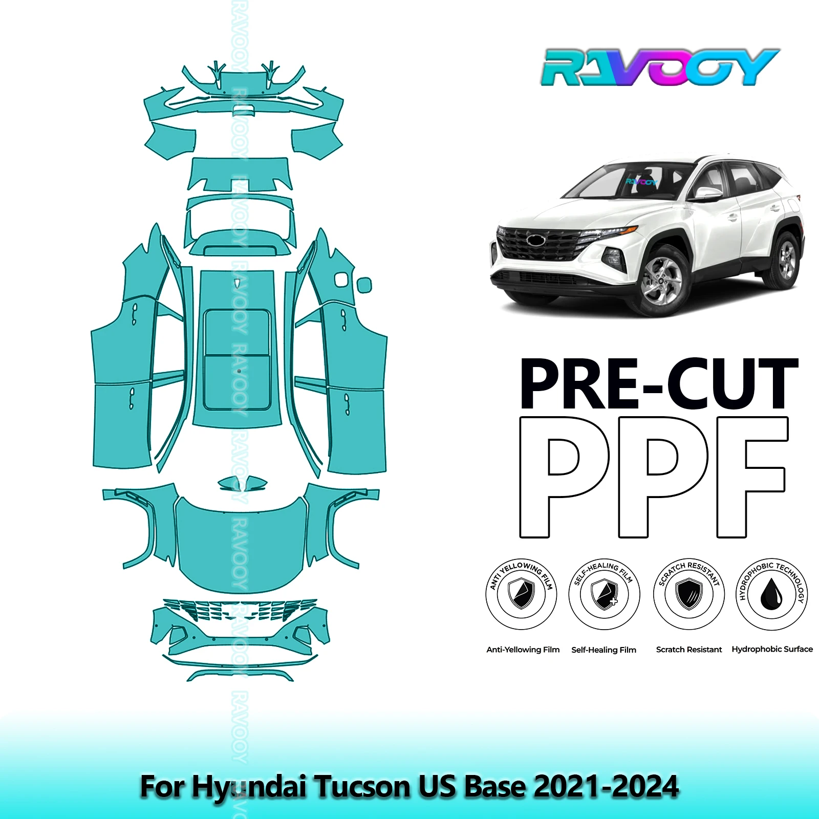 

Для Hyundai Tucson US Base 2021-2024 полная автомобильная предварительно вырезанная защитная пленка для краски PPF