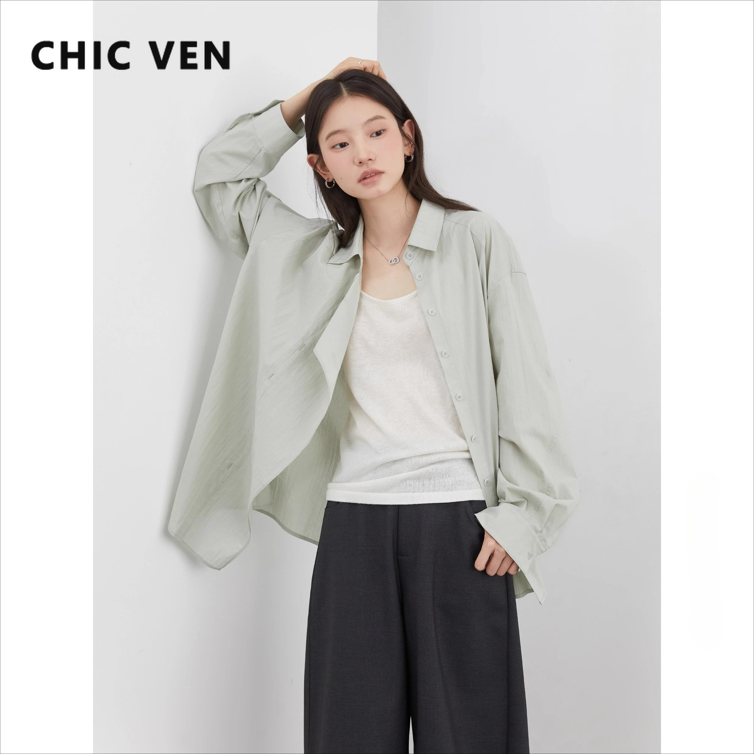 

CHIC VEN Women Shirt Solid Loose Casual Long Sleeve Asymmetric Patchwork Single-breasted Blouses Thin Coat Spring Summer 2025