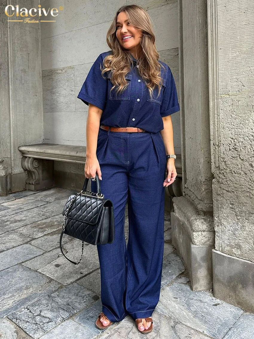 

Clacive Fashion Loose Blue Denim 2 Piece Sets Women Outfit 2024 Summer Short Sleeve Shirt With High Waist Wide Pants Set Female