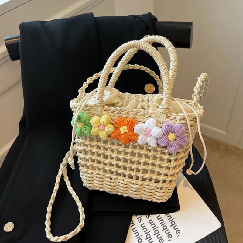 Hot Selling New Straw Woven Women Bag Summer Flower Fashion Woven Bag Handbag Paper Rope Hollow Casual Popular Shoulder Bag