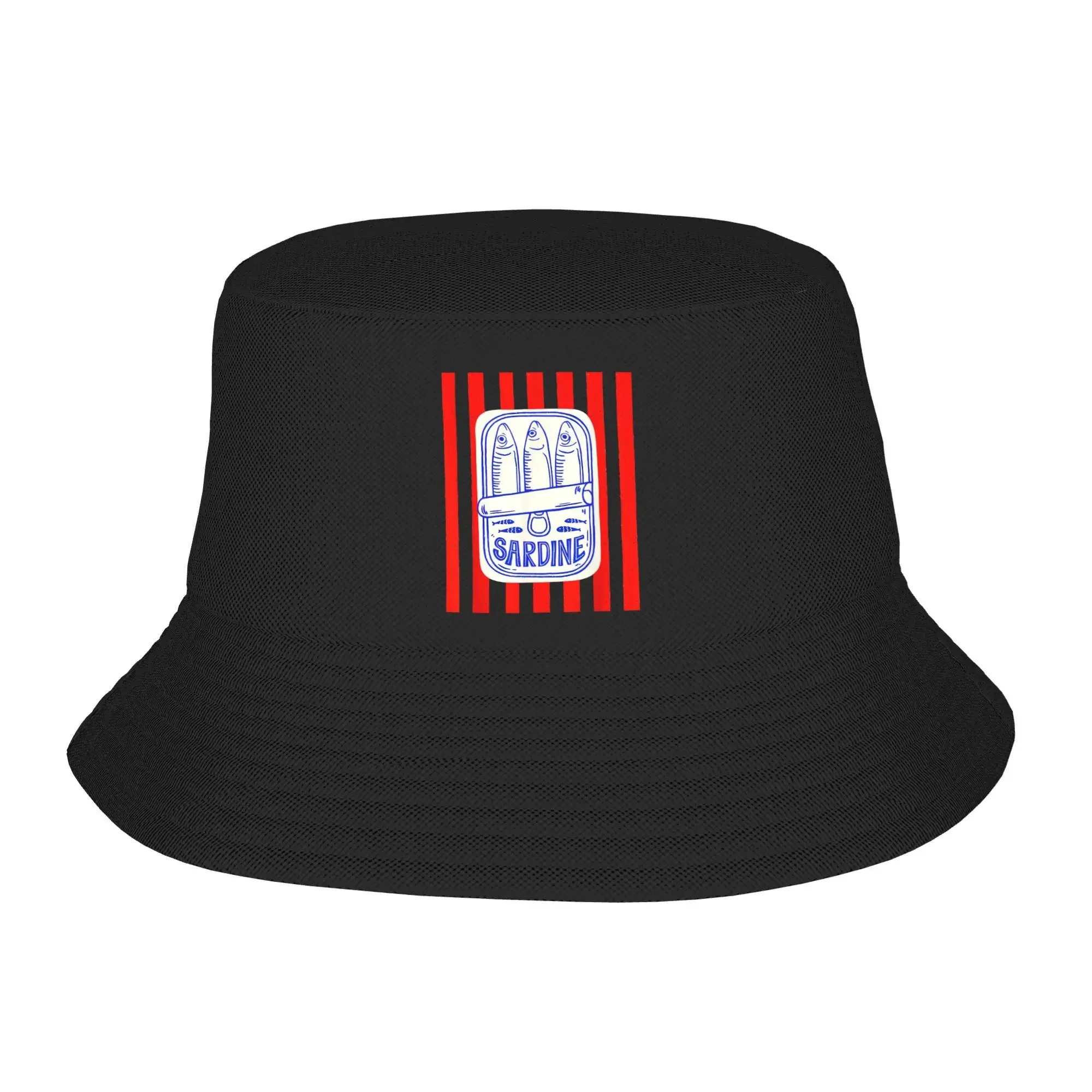 Diseño Retro, sombrero de cubo de rayas rojas con estampado de sardina para mujer, sombreros de pescador, gorras con estampado de sardina y letras de dibujos animados, Su portátil