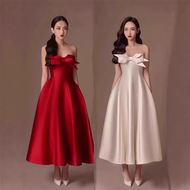 فستان ستان بحزام على شكل فيونكة ثلاثي الأبعاد بدون أكمام عند الصدر وسحاب عالي الخصر أنيق لحفلات الزفاف والسهرات للنساء