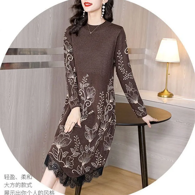 Abito maglione autunno inverno da donna Camicia che tocca il fondo Abito lavorato a maglia jacquard con blocchi di colore di fascia alta Pullover maglione di media lunghezza