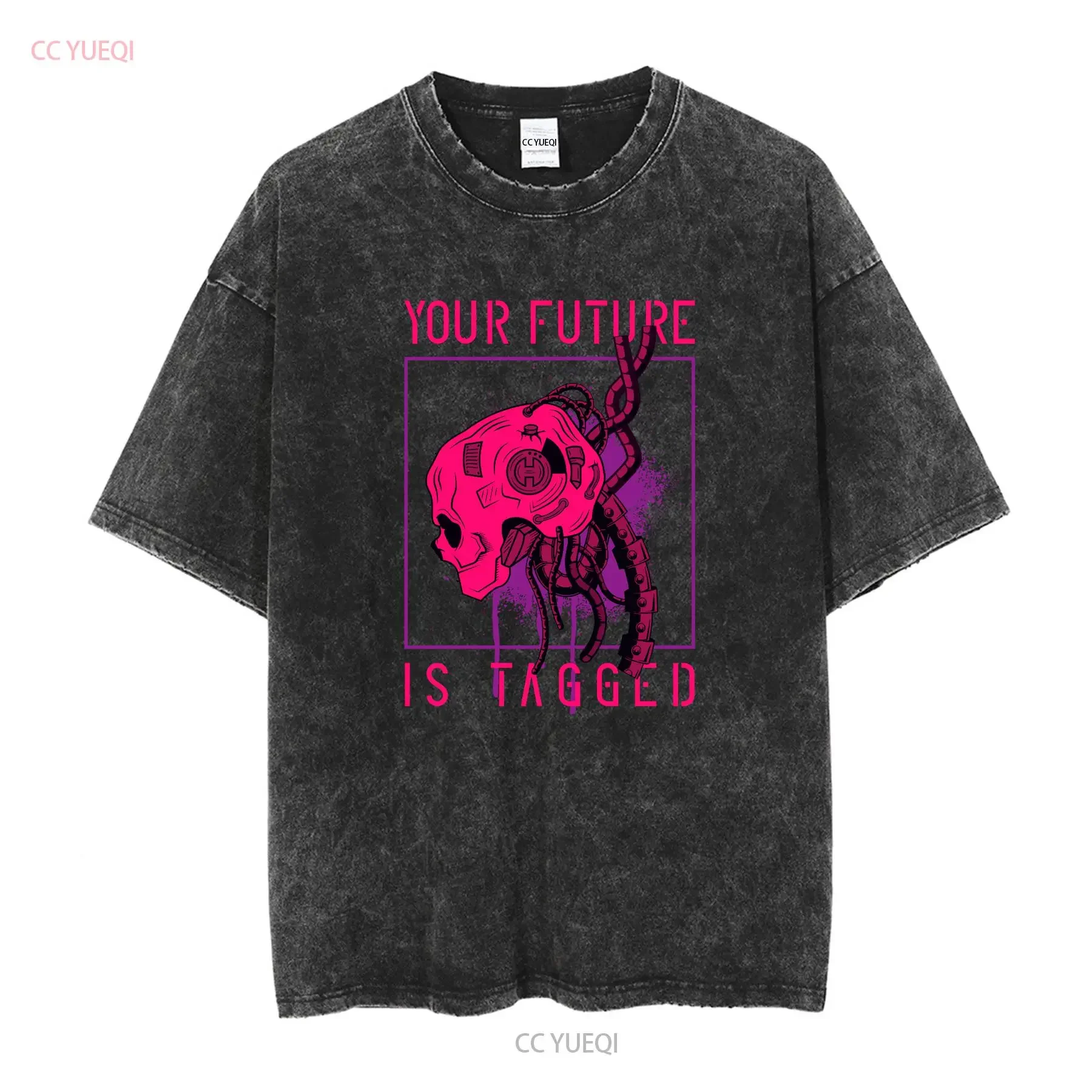 Punk T shirt Cyber Futuristic High Tech Space Neon Gamer Streetwear long or short sleeves vintage Washed Top For Everyday Wear