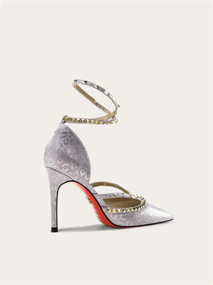 Summer New Pointed Hollow Leather Riveted Strap Sandals Banquet Dress Large Size Small Size Widening High Heels Women's Shoes