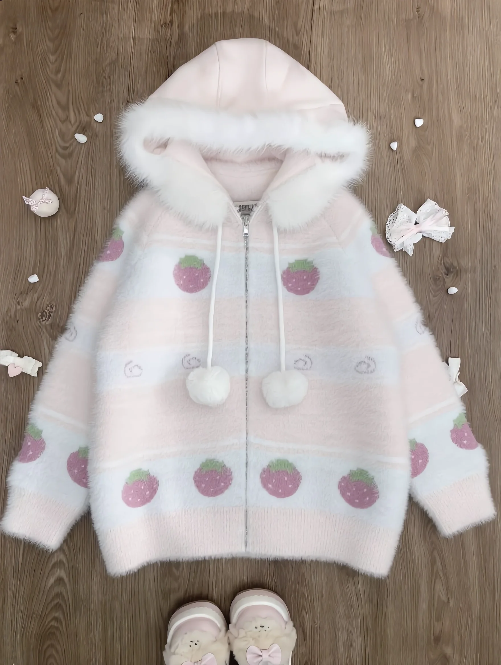 Original Japanese Cute Strawberry Hooded Jacket Autumn Sweet Plush Cardigan Winter Knitted Cardigans Oversized Sweater