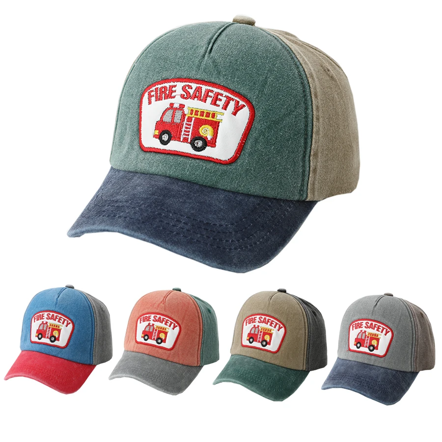 kids Summer Washed Denim Baseball Cap Boys Girls Cartoon Fire Truck Embroidery Baby Vintage Snapback Caps Outdoor Soft Sun Hat
