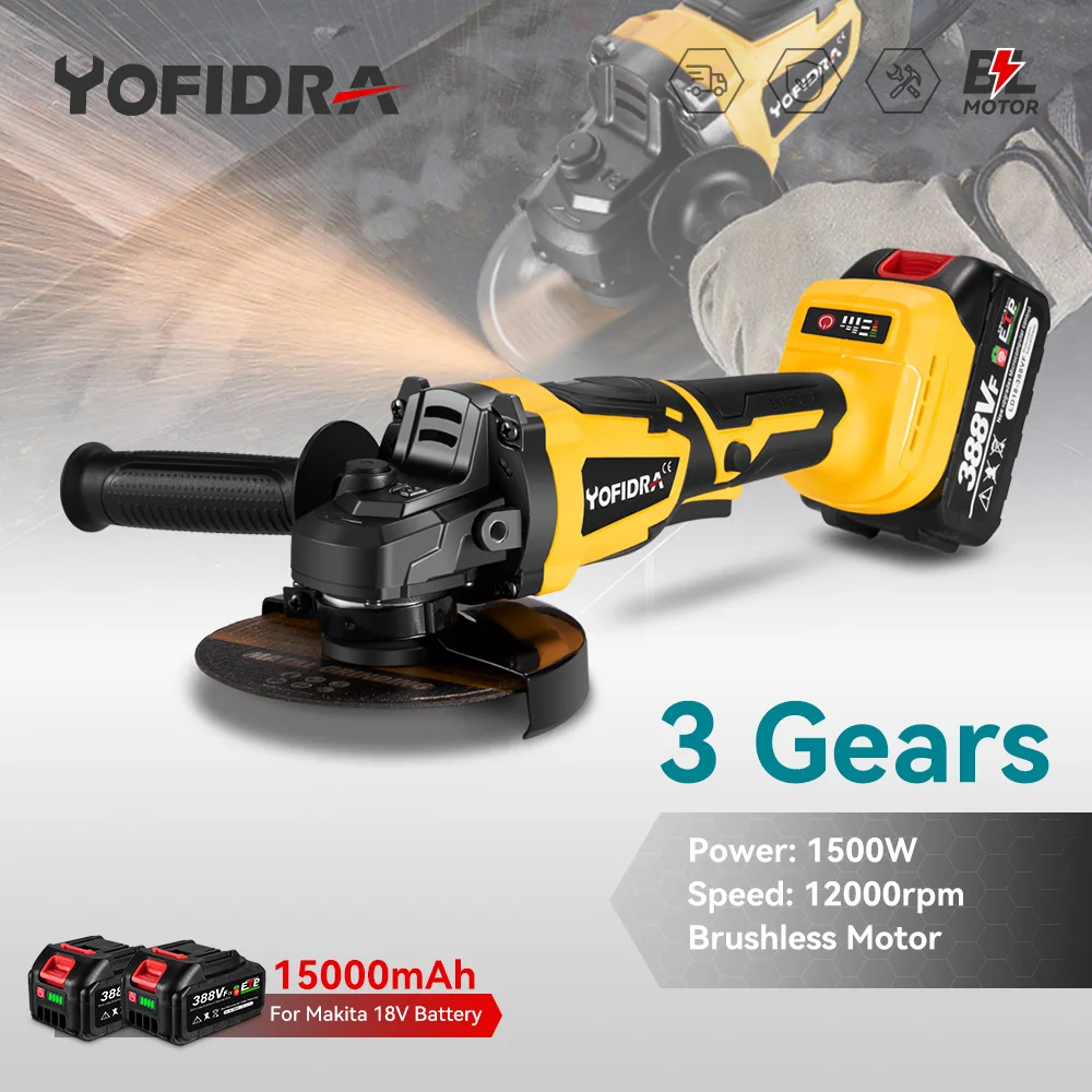 YOFIDRA 125mm Brushless Angle Grinder 12000Rpm 3 Gears M14 Cordless Electric Impact Grinding Power Tool For Makita 18V Battery