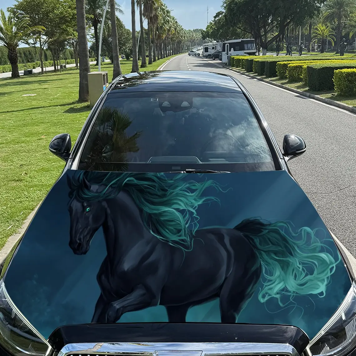 

Enchanting Black Horse in a Blue Realm PVC Car Engine Hood Vinyl Wraps, Self-Adhesive Waterproof Car Hood Decal Sticker, Car Dec