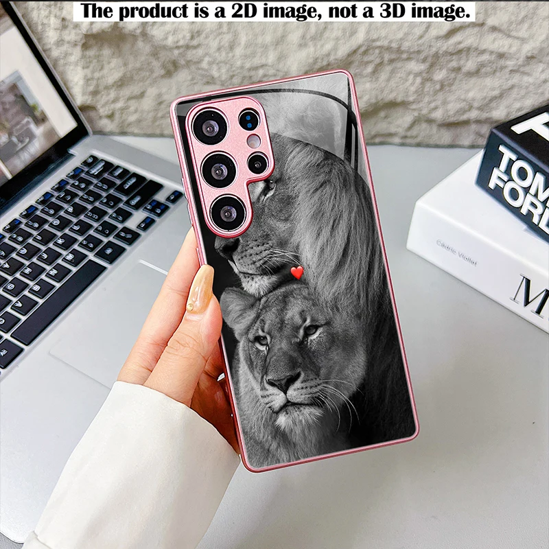 Black White Lion Red Heart Case,2D Print Base Glass Cover for Samsung S/A Series,Shockproof Shell