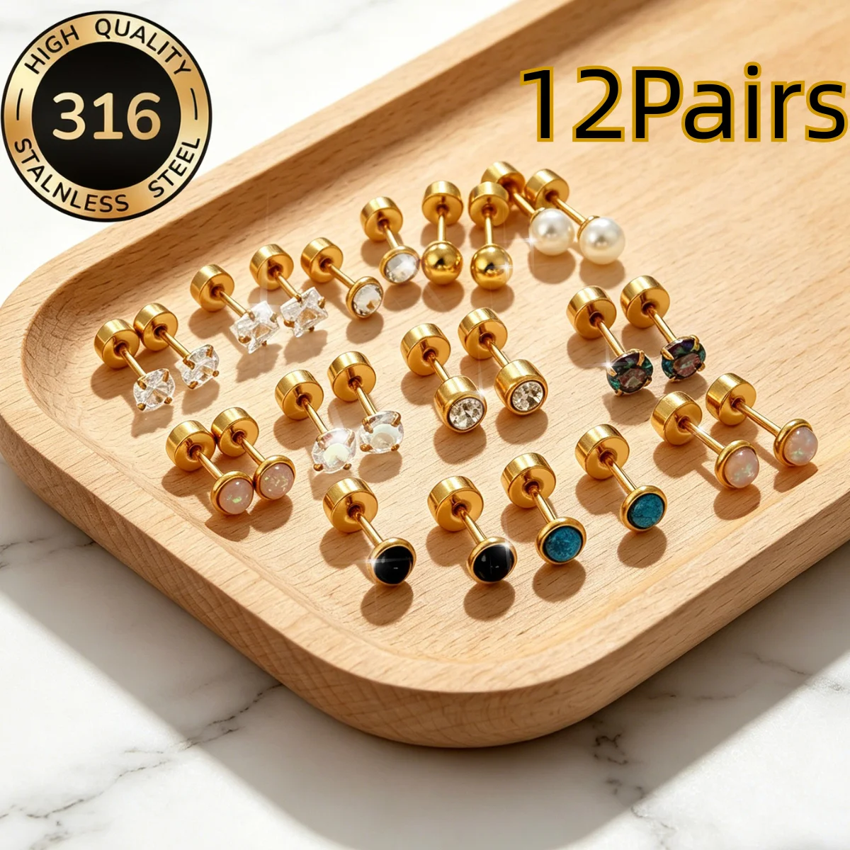 316L Stainless Steel 12pairs/Lots Geometric Round Shape Zircon Earrings Stud Set Screwpack Piercing CZ Cartilage for Female Male