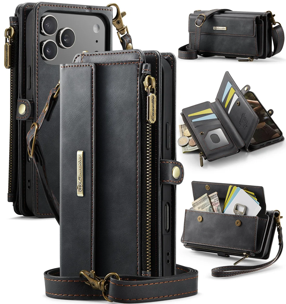 

Чехол-кошелек подходит для iPhone 17 Pro, RFID-блокировка, держатель для 9 карт, кожаный плечевой ремень, карман на молнии, чехол для телефона для iPhone 17 Pro Max