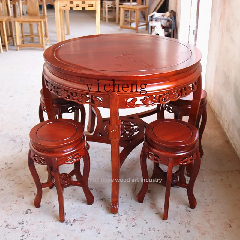 

LZ round antique dining table and chair combination round table small apartment household dining table old elm solid wood