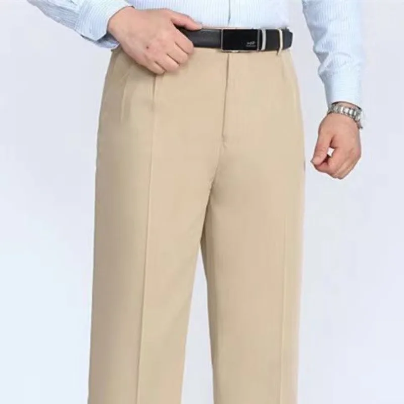 Pantalones de traje rectos fruncidos de talla grande para hombre de mediana edad, holgados, de Color sólido, con bolsillos y botones, otoño e invierno