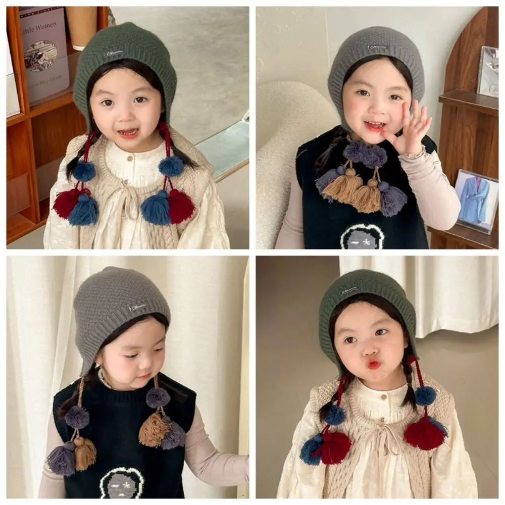 Gorro con borlas de estilo étnico para niños, gorro coreano de ganchillo hecho a mano para otoño e invierno, protección cálida para los oídos, gorro tejido para niñas