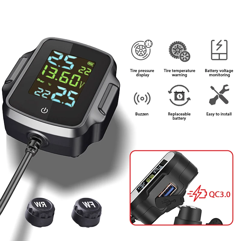 Motorcycle TPMS Security Alarm Tire Pressure Monitoring System QC 3.0 Fast Charging USB Output Accurate Tire Pressure Display
