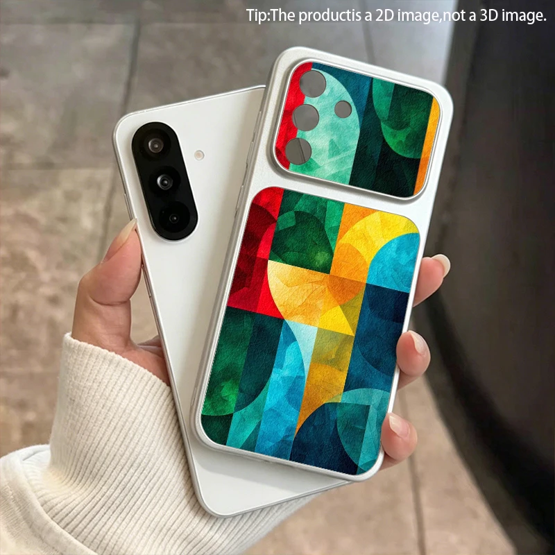 Geometric Color Block Pattern 2D Artificial Leather Phone Case for SamsungS26 S25 S24 S23 S22 S21 A73 A56 A55 A36 A16 Shockproof