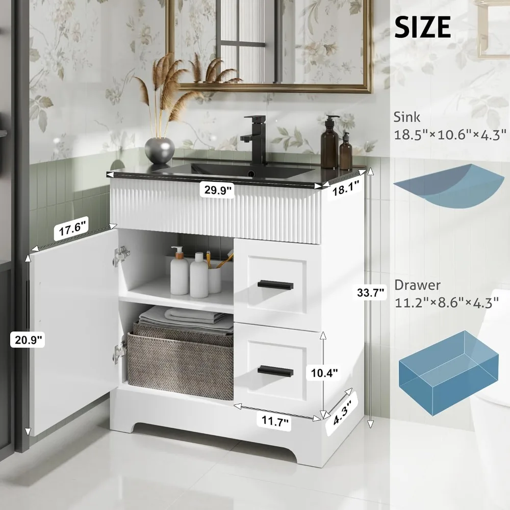 30 Inch Bathroom Vanity with Sink, White Painted Cabinet, Undermount Black Sink, Matte Black Faucet