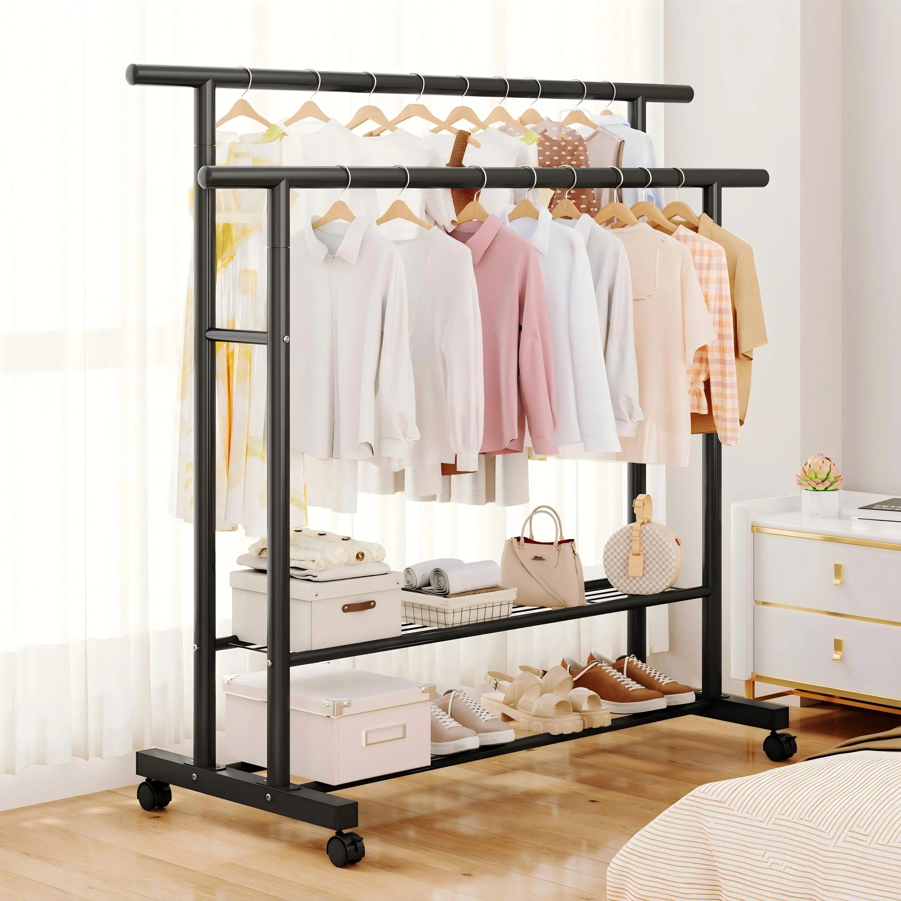 

120cm Thickened Movable Double Rod Metal Coat Rack Stable Bedroom Balcony Clothes Stand Stable Load-bearing Capacity Living Room
