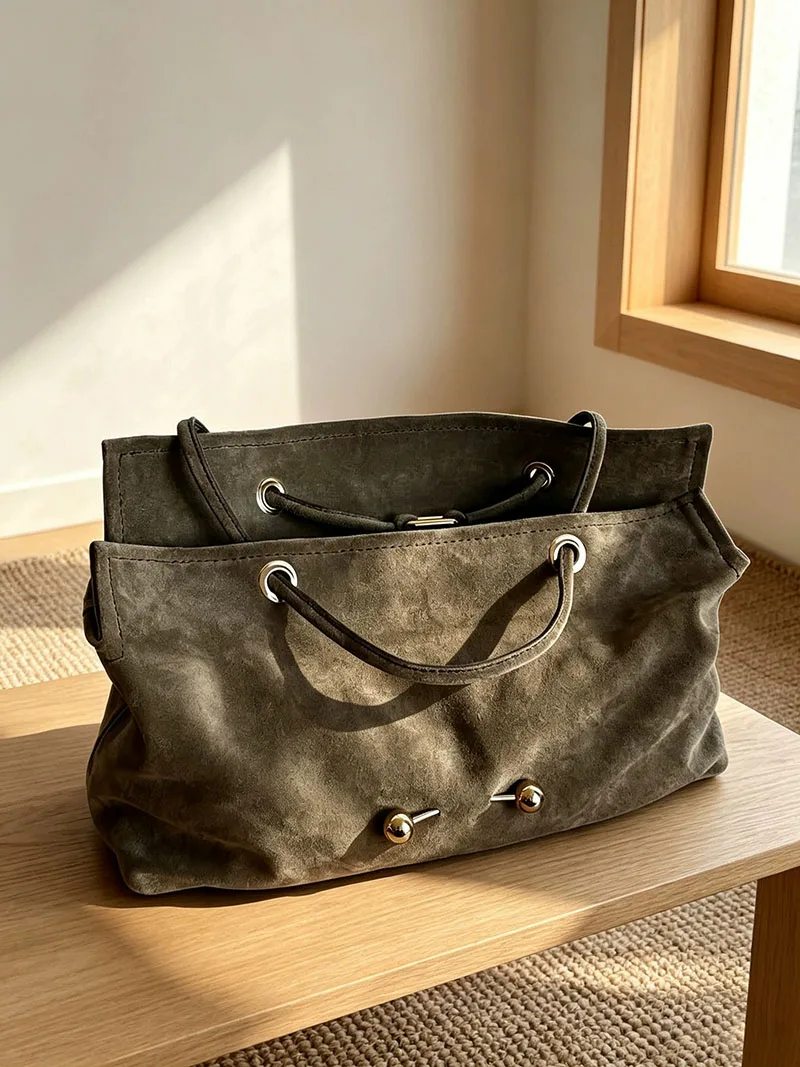 Suede Leather Tote Bag Women's Commuter Bag Large Capacity Shoulder Bag Pure Color Soft Cotton Material Office Lady Bag