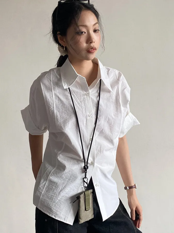 

Белая текстурированная женская рубашка свободного кроя с воротником и рукавом до локтя, летняя коллекция 2024, универсальный топ в корейском стиле, стройнящий силуэт