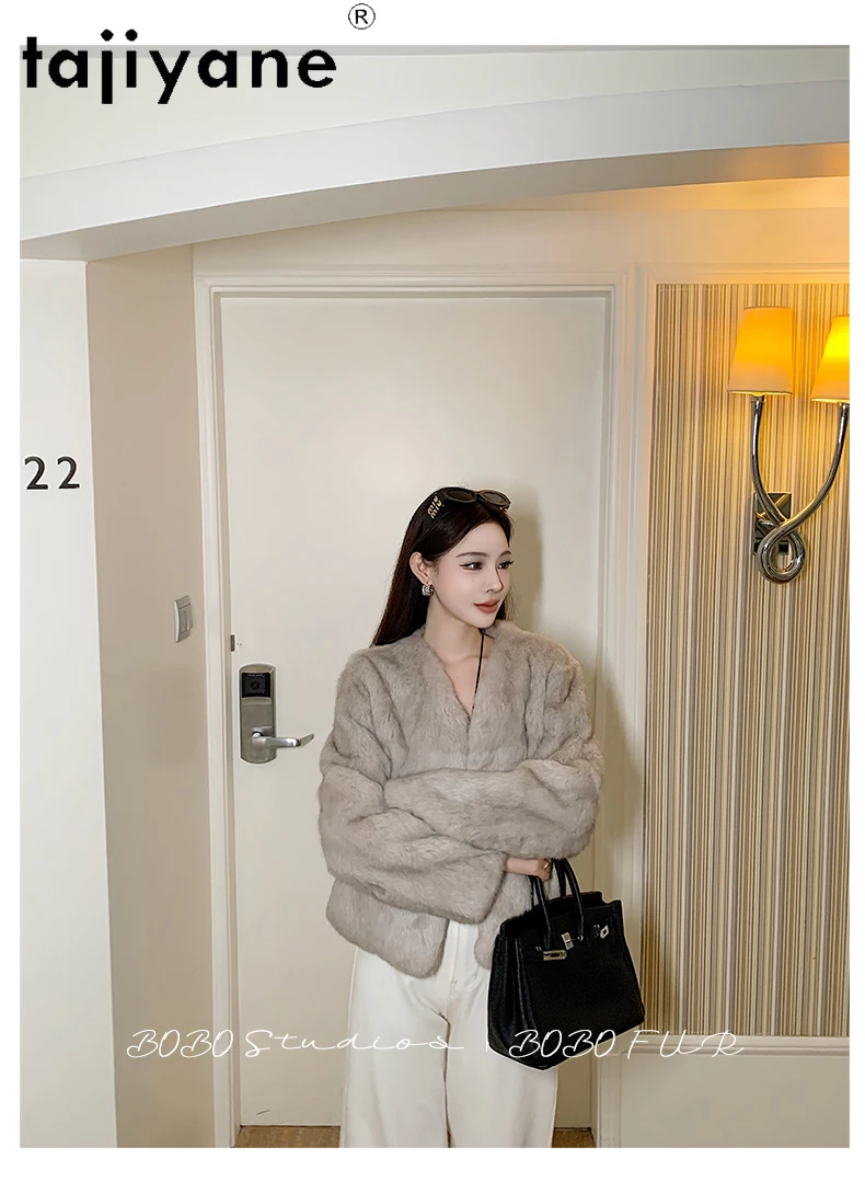 TAJIYANE 100% アンゴラウサギ毛皮コート レディース Vネック 本物の毛皮ジャケット 冬服 女性用 2025 高級ファー ジャケット 女性用コート