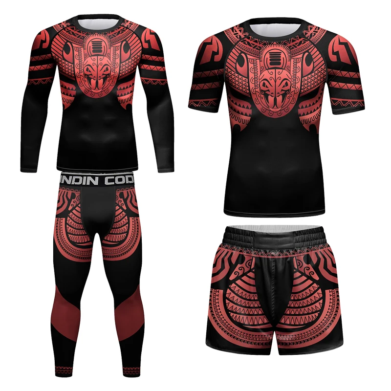 4 Pieces Rash Guard Sets FOR Men High Elasticity Compression Jiu Jitsu MMA Muscular Cool Tracksuit Male Fitness Gym Rashguard