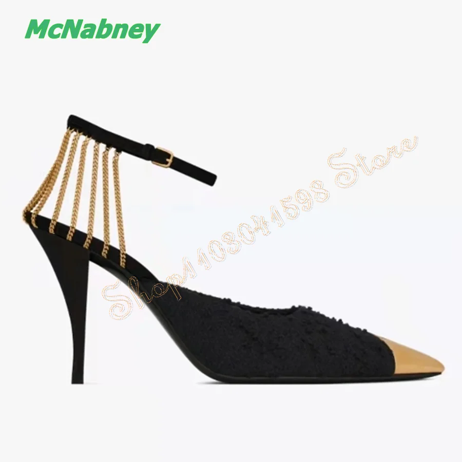 Metal Pointed Toe High Heels,Suede Chain Design Pumps Thin Heel Women Shoes Wedding Party High Heels2023 New Zapatos Para Mujere