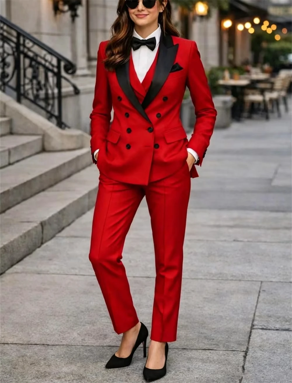 Double Breasted Red Women's Suits 3 Pcs Tailor Made Paintsuit Women Suits Formal Party Office Wear Dresses  Blazer+Vest+Pant