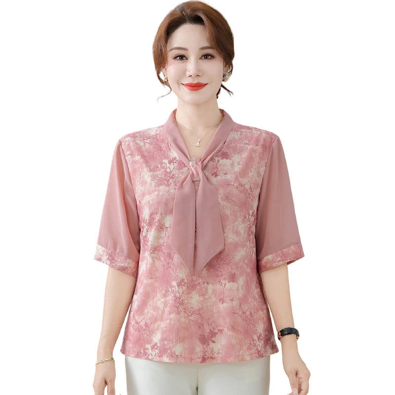 

Floral Chiffon Shirt for Women Short Sleeves New Fashionable and Fashionable Middle-aged Mother Bow Streamer