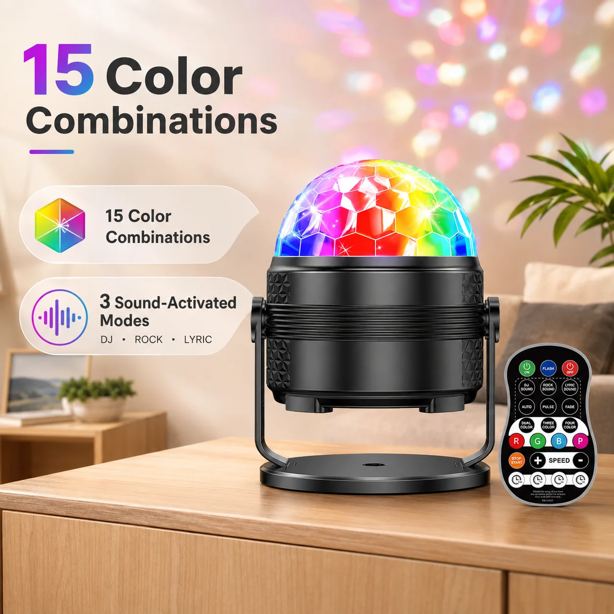 15 Color LED Party Light With Remote Control, Sound Activated Modes, 360 Degree Rotation And Timer For Home Events And Parties