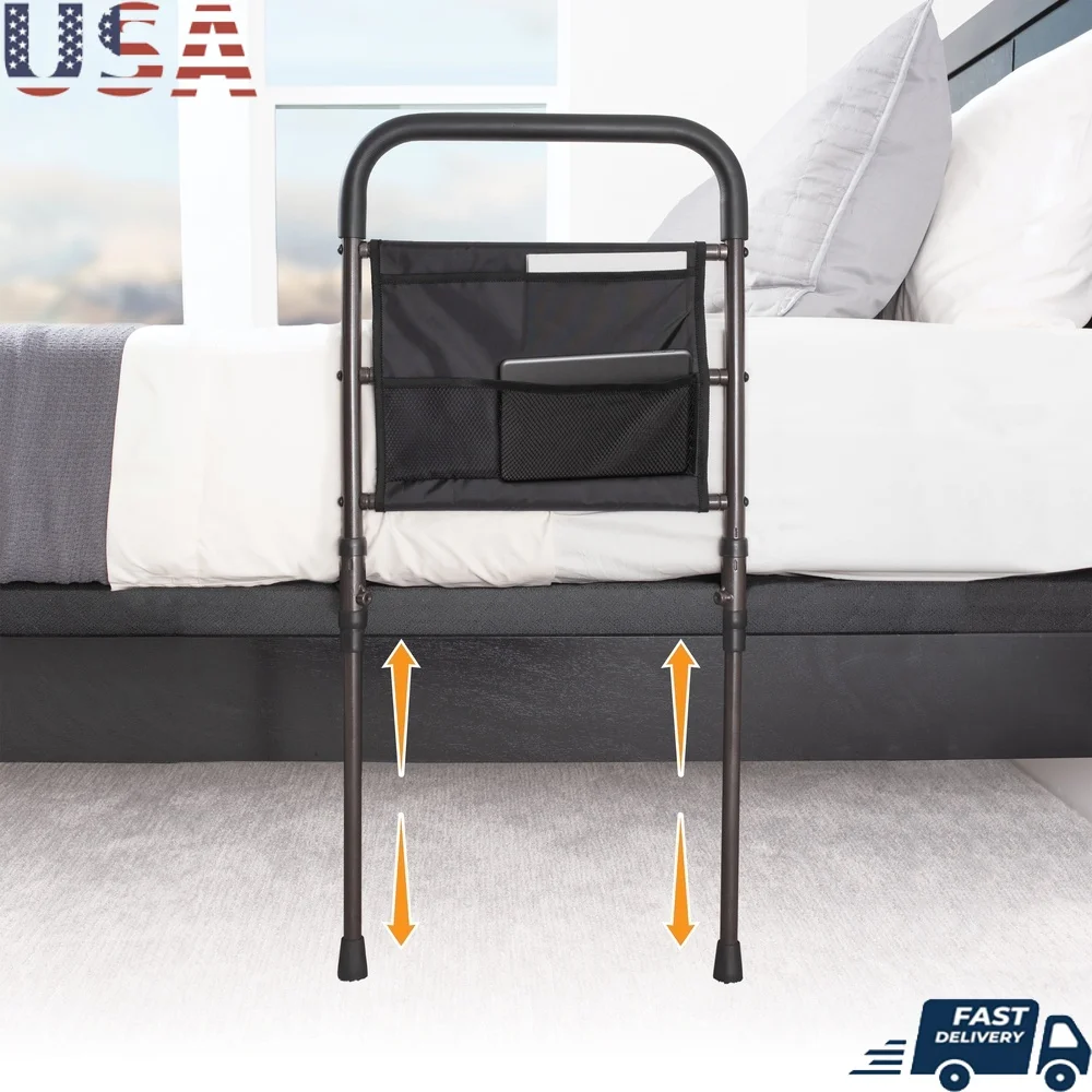 

Stable Bedside Assist Rail Adjustable Height Support Handle Seniors with Organizer Pouch Safety Certified Prevent Falls 300lbs