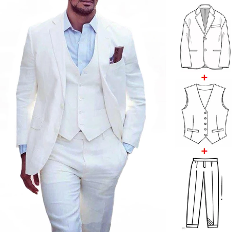 

New Beach Linen Men Suit for Summer 3 Pieces Slim Fit White Groom Wedding Tuxedo Best Man Formal Summer Male Suit Costume Homme