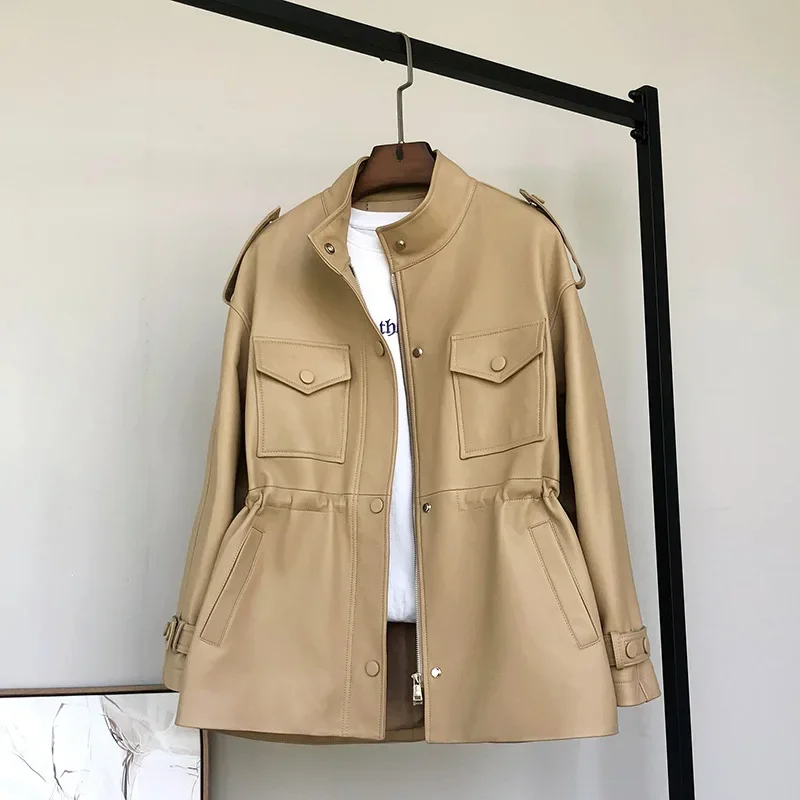 Chaqueta cortavientos de cuero genuino para mujer, longitud media, colección de cintura, oveja