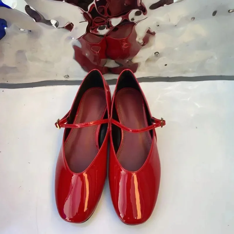 2024 New Bowknot Mary Jane Shoes Women Square Toe Glossy Leather Flats Female Red Dance Ballets Party Ball Bridal Wedding Shoes