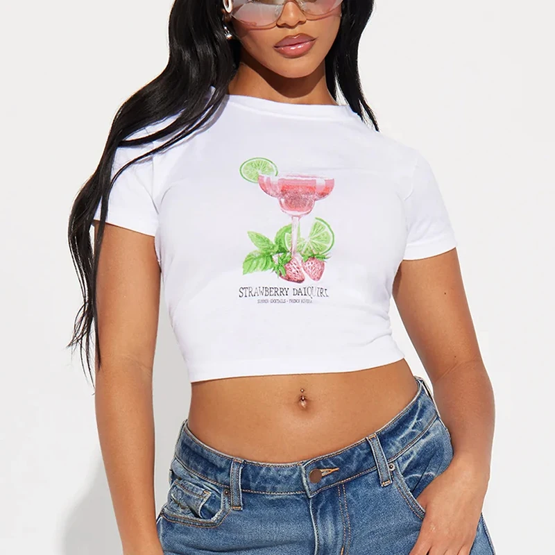 Y2K Style Summer New Aesthetics Cocktail Print Slim Fashion Baby Tee Women Short Sleeve T-shirt Hot Girl Harajuku Sexy Crop Tops