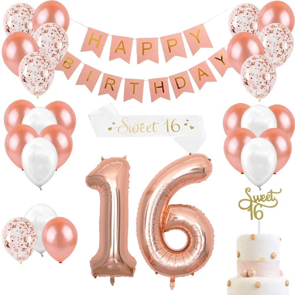 

Украшения на 16-й день рождения для девочек Sweet 16, топпер для торта и атласный пояс, воздушные шары с конфетти розового золота 16 и баннер на день рождения