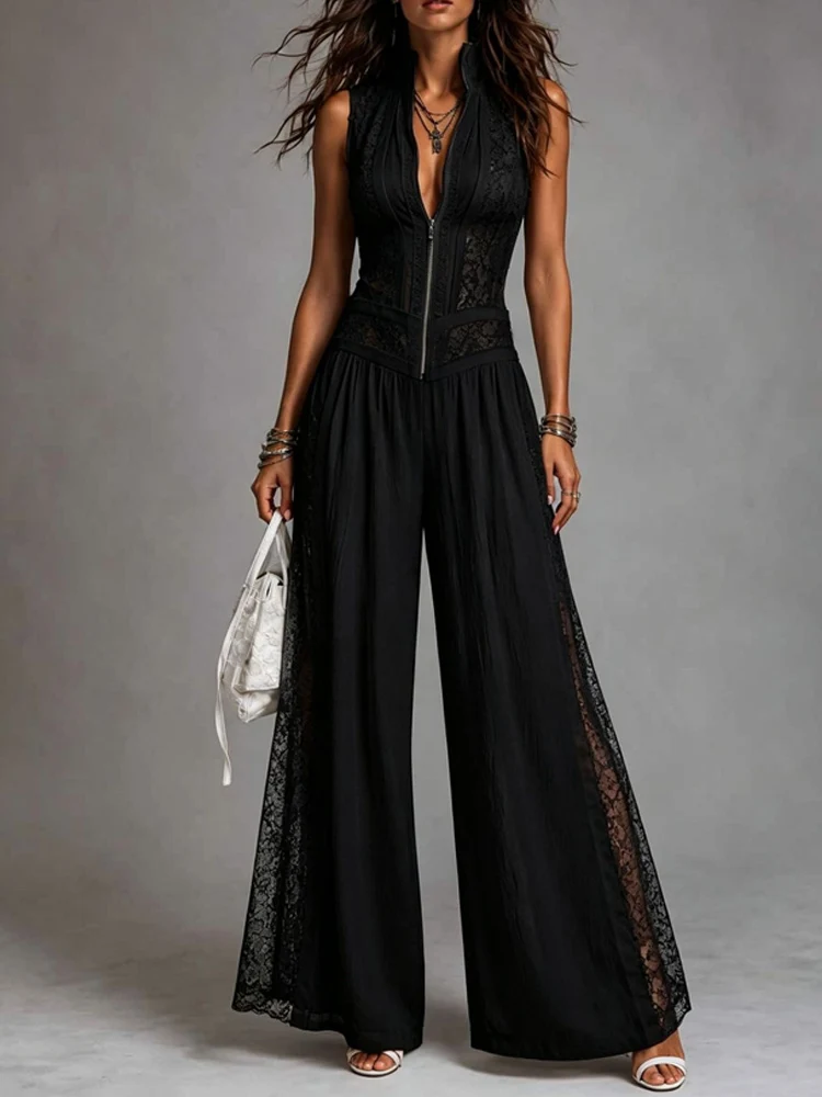 Women Embroidery Lace Hollow Jumpsuits Spring Stand Collar Zipper Patchwork Playsuit Rompers Summer Sleeveless Wide Leg Overalls