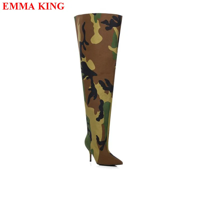 Women\'s Camouflage Over The Knee Boots Pointed Toe Slouchy Wide Thigh High Boots Fashion High Heels Stiletto Party Shoes Woman