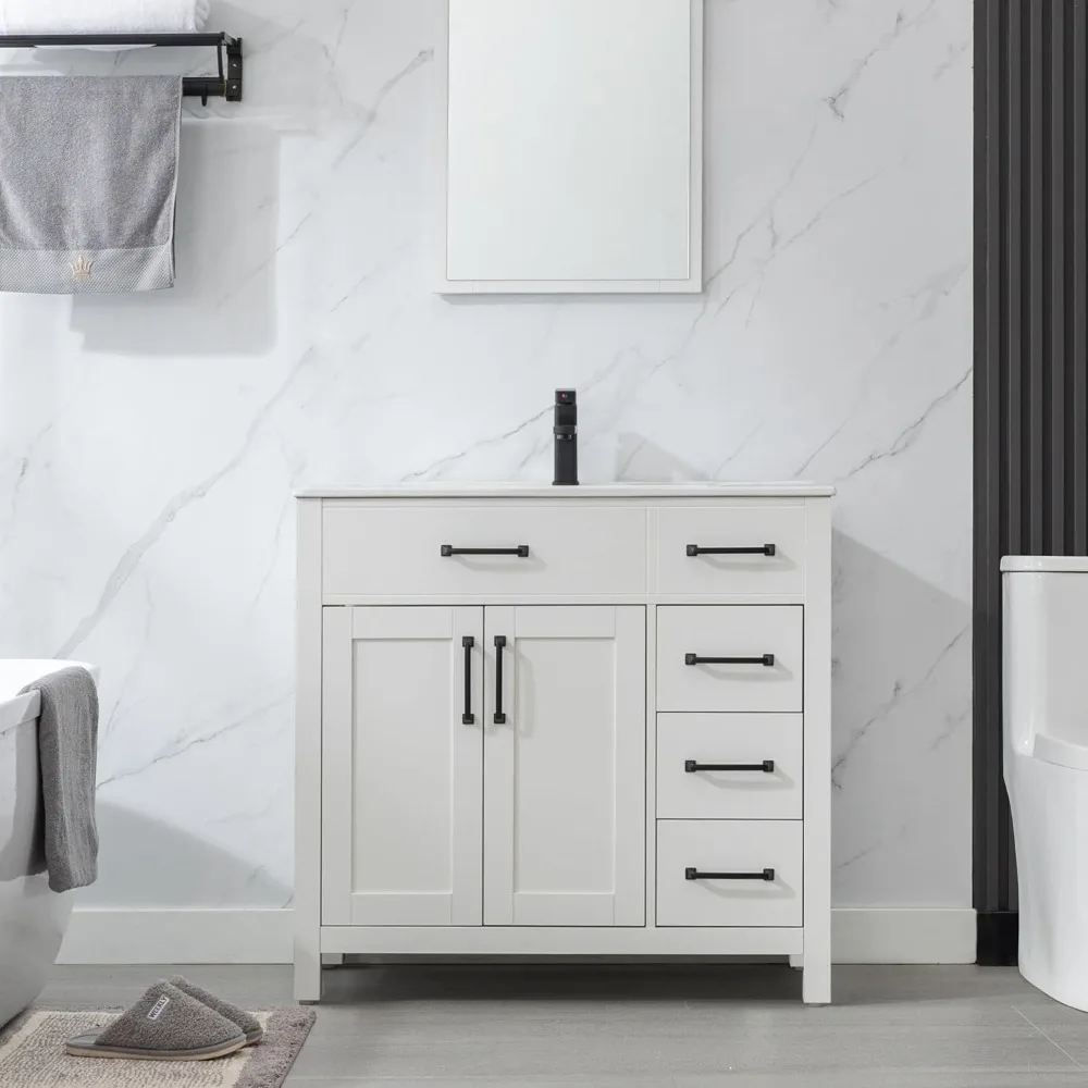 

36" Bathroom Vanity with Sink Combo, Modern Bathroom Storage Cabinet with Ceramic Sink, Include Matte Black Faucet, White